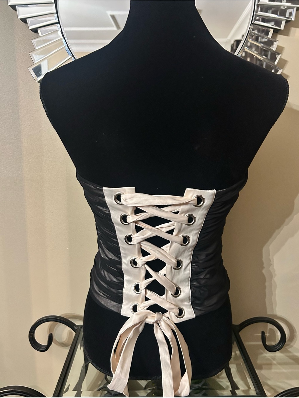 Urban Behavior Black Ruched Corset Top with Ivory Lace-Up Back